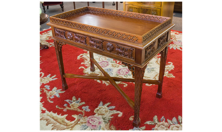 Appraisal: Side Table With Fret Work Gallery Top Single Drawer Raised