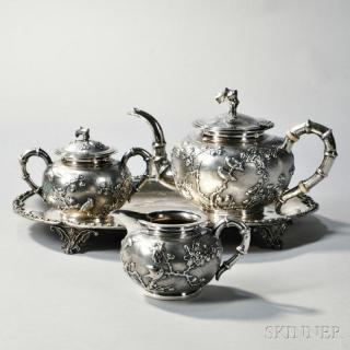 Appraisal: Three-piece Chinese Export Silver Tea Service with Associated Silver-plated Tray