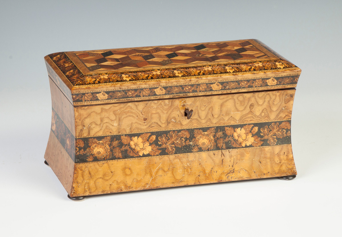 Appraisal: Highly Figured Burl Inlaid Floral Tea Caddy th cent