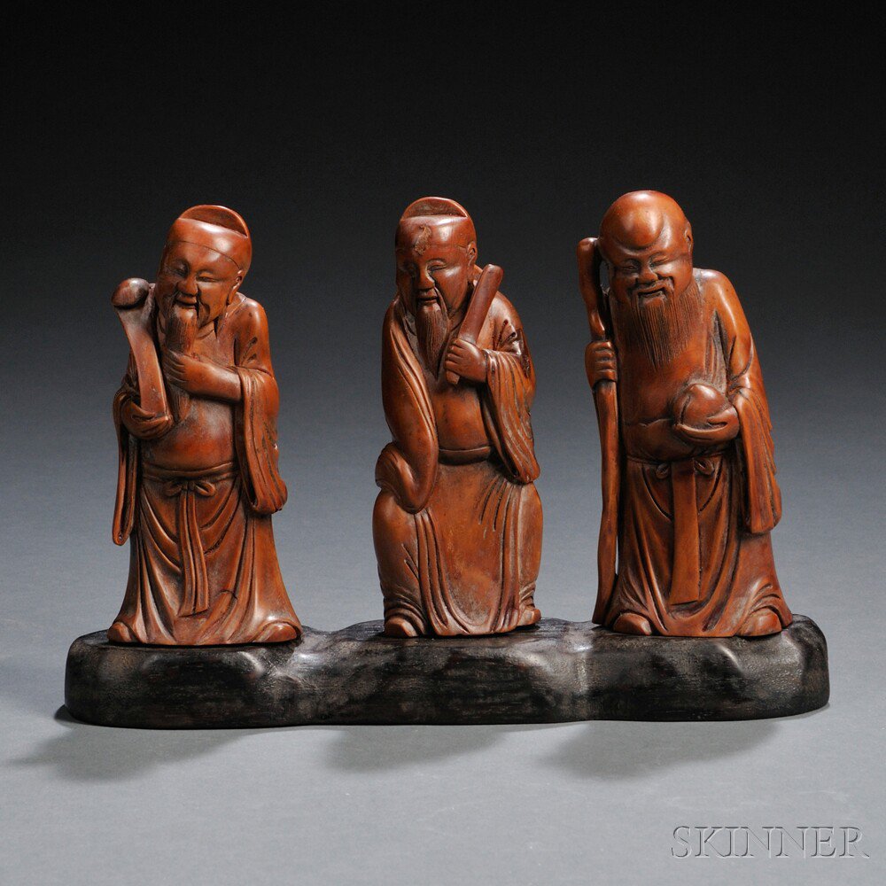 Appraisal: Boxwood Immortals Fu Lu Shou on Wood Stand China th