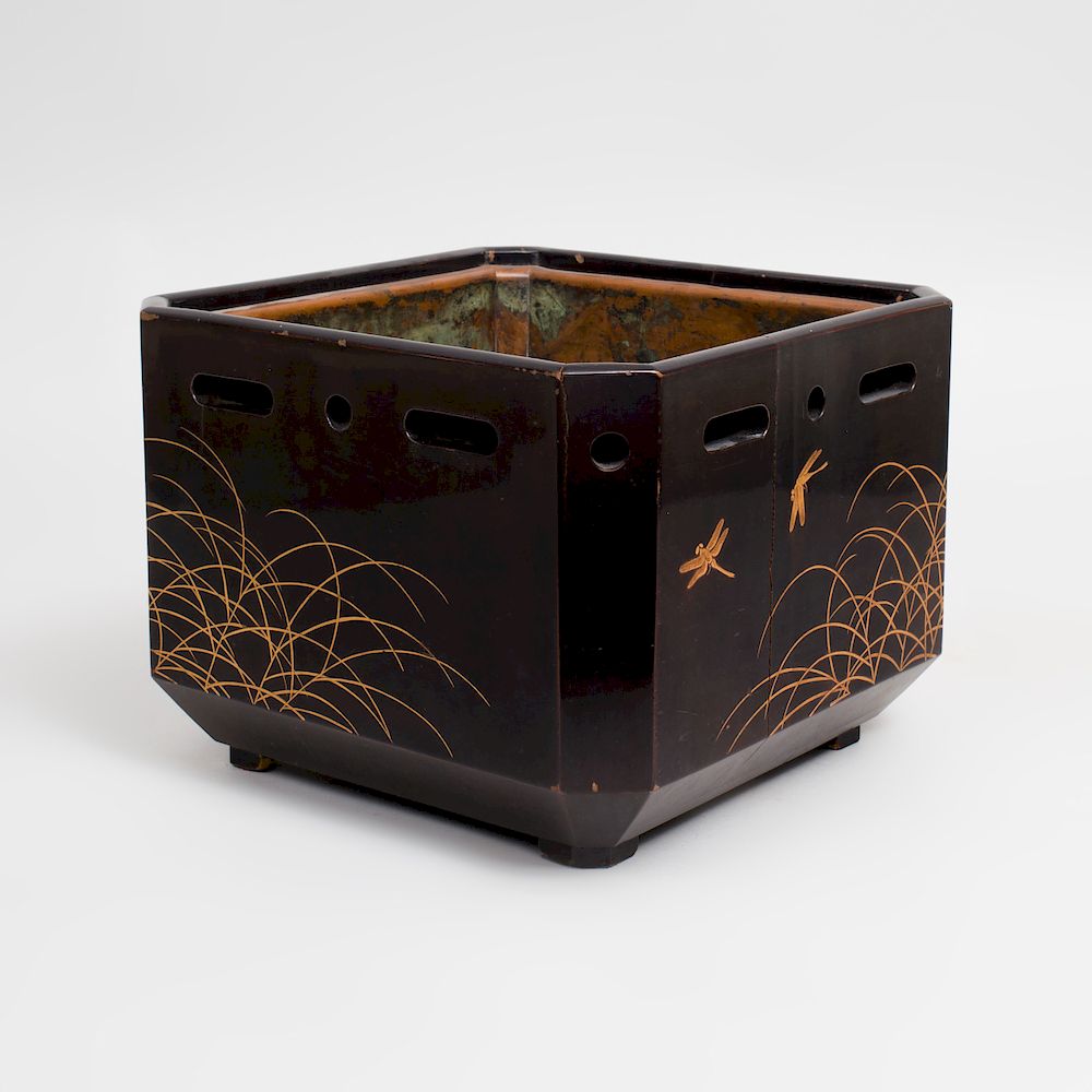 Appraisal: Japanese Black Lacquer and Parcel-Gilt Hibachi With copper liner x