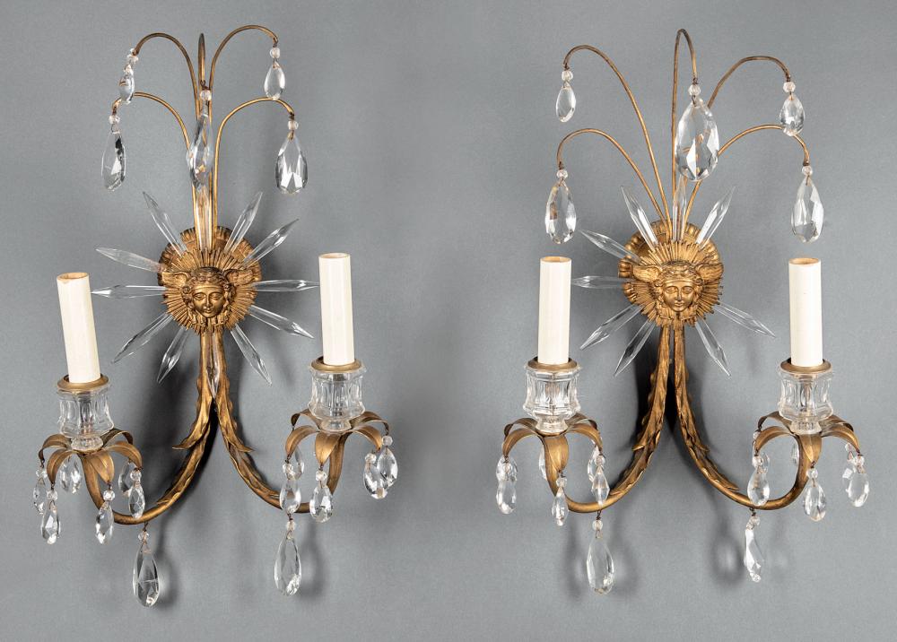 Appraisal: Pair of French Gilt Metal and Cut Crystal Sconces c