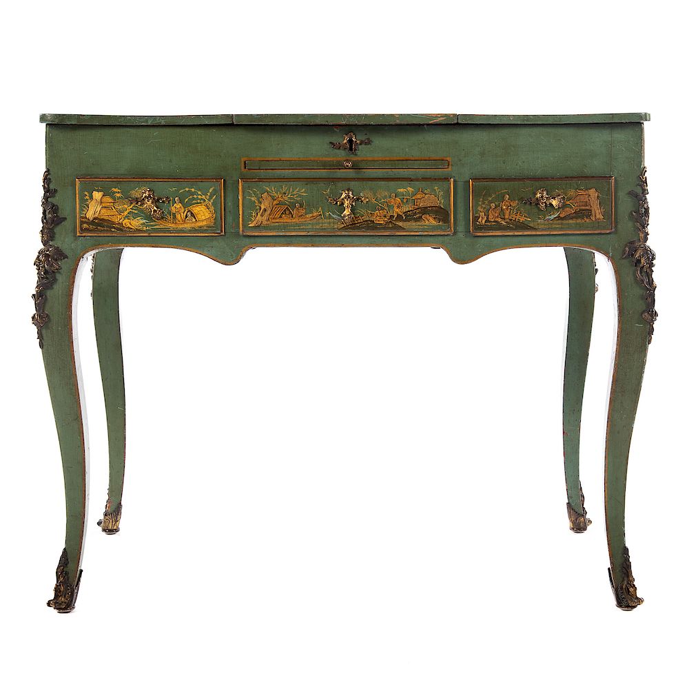 Appraisal: French Japanned Bonheur du Jour Green ground with temples and