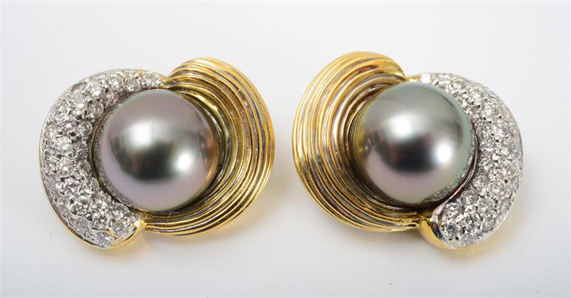 Appraisal: PAIR OF K GOLD DIAMOND AND CULTURED PEARL EARCLIPS Set