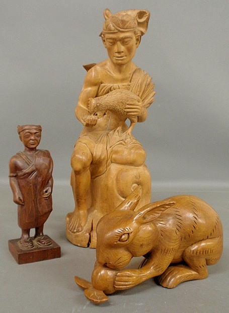 Appraisal: - Three carved wood figures- robed man h man holding