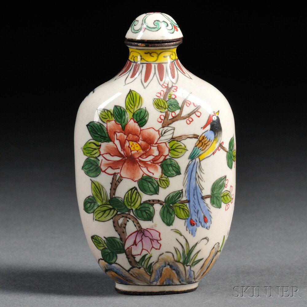 Appraisal: Enameled Snuff Bottle China th century depicting birds on flowering