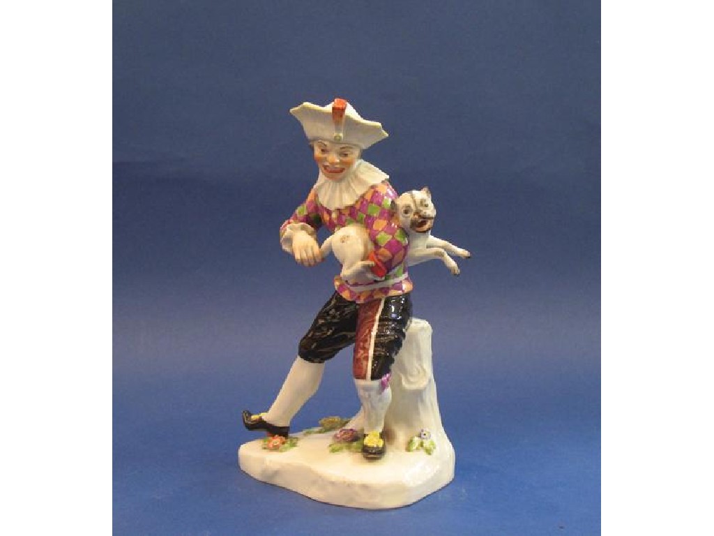 Appraisal: A MEISSEN FIGURE OF A HARLEQUIN pulling the tail of