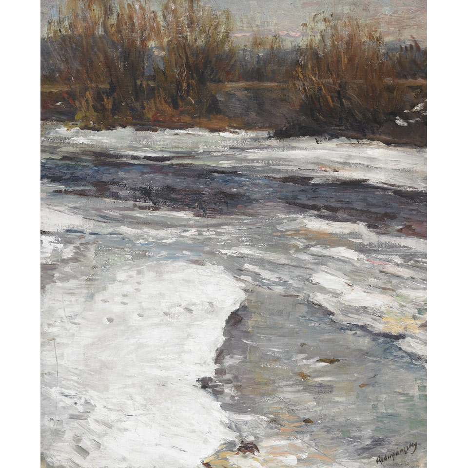 Appraisal: Laszlo Medyanszky - Hungarian A SNOW COVERED STREAM Oil on