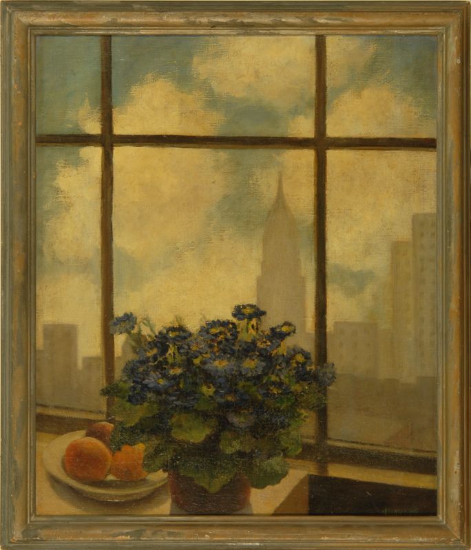 Appraisal: GERTRUDE JAMESON BARNESAmerican - Still life with city view depicting