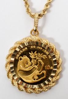 Appraisal: CHINESE GOLD YUAN PANDA COIN W GOLD NECKLACE CHINESE OZ