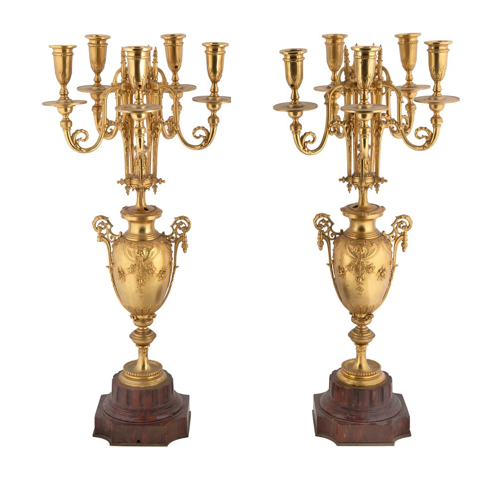 Appraisal: PAIR OF ORMOLU CANDELABRAS PAIR OF ORMOLU CANDELABRAS of urn