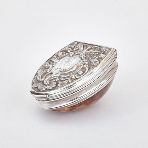 Appraisal: George II Rococo Silver Mounted Cowrie Shell Snuff Box c