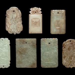 Appraisal: Seven Chinese Celadon Jade Carved Plaques each of loosely rectangular