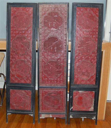 Appraisal: A Chinese cinnabar lacquer three fold screen each leaf inset