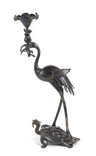 Appraisal: A Bronze Crane-Form Incense Burner the animal figure depicted standing