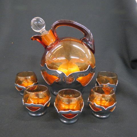 Appraisal: Farberware Ball Pitcher and Six Glasses chrome with Cambridge amber