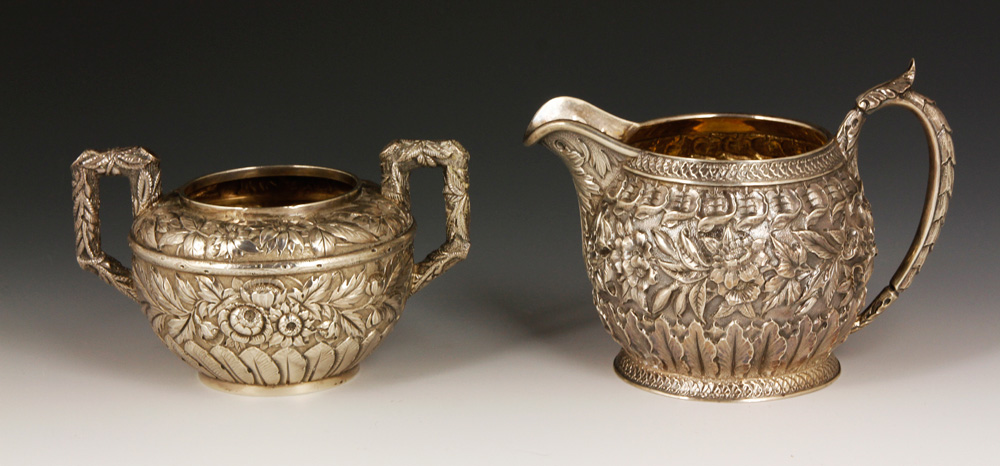 Appraisal: - Sterling Sugar Bowl and Creamer Handled sugar bowl repouss