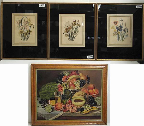 Appraisal: A still life painting and three hand colored prints The