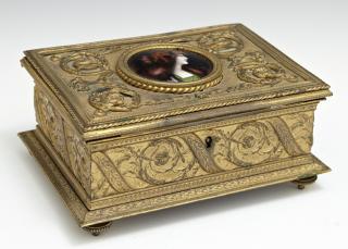 Appraisal: French Gilt Bronze and Enamel Jewel Casket c French Gilt