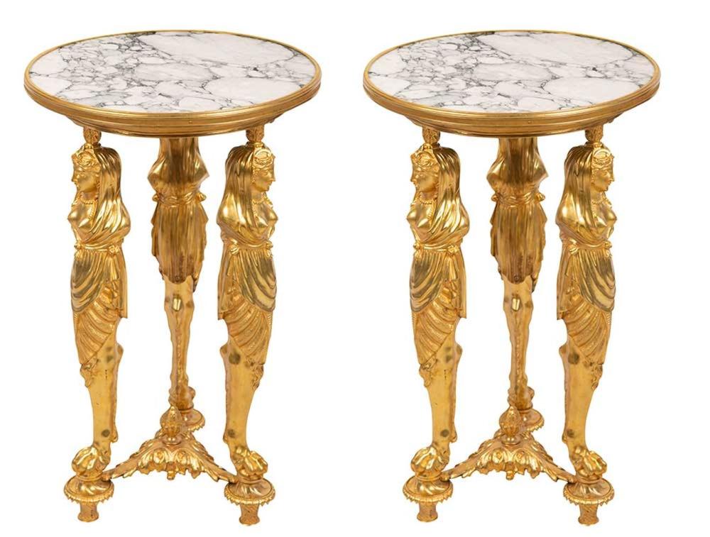 Appraisal: PAIR OF GILT BRONZE MARBLE TOP GUERIDONS inches diameter inches