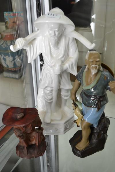 Appraisal: THREE CHINESE FIGURES INCL PORCELAIN AND WOODEN