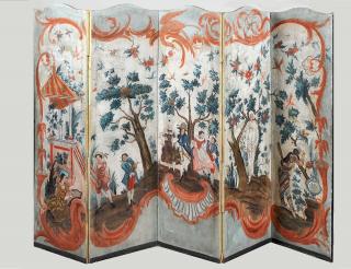 Appraisal: FIVE PANEL PAINTED SCREEN With a continuous garden scene Each