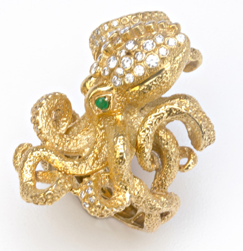 Appraisal: Sculptural octopus ring in k yg with diamonds and emeralds