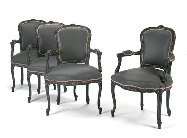 Appraisal: A set of four Louis XV style grey painted fauteuils