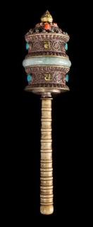 Appraisal: A Tibetan Hardstone and Bone Inset Gilt Metal Prayer Wheel