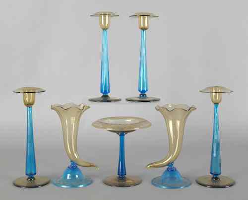 Appraisal: Seven pieces of blue and yellow art glass to include