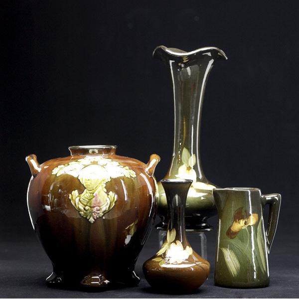 Appraisal: ZANESVILLE Four brown glazed vases including Peters and Reed Sprigged-on