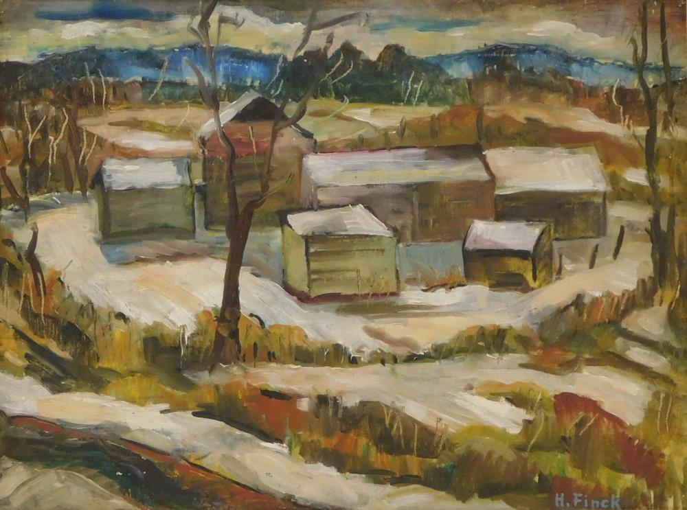 Appraisal: Hazel Finck American - Snowy Barns oil on board depicts