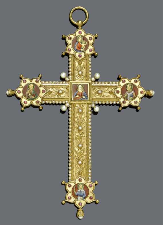 Appraisal: GOLD ENAMEL DIAMOND AND PEARL CROSS France ca Yellow gold