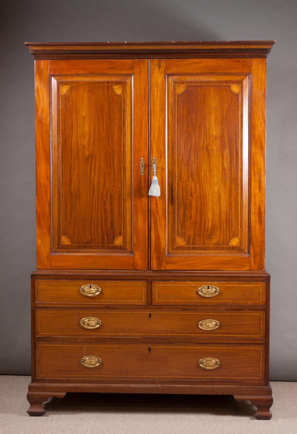 Appraisal: GEORGE III STYLE INLAID MAHOGANY LINEN PRESS English th century