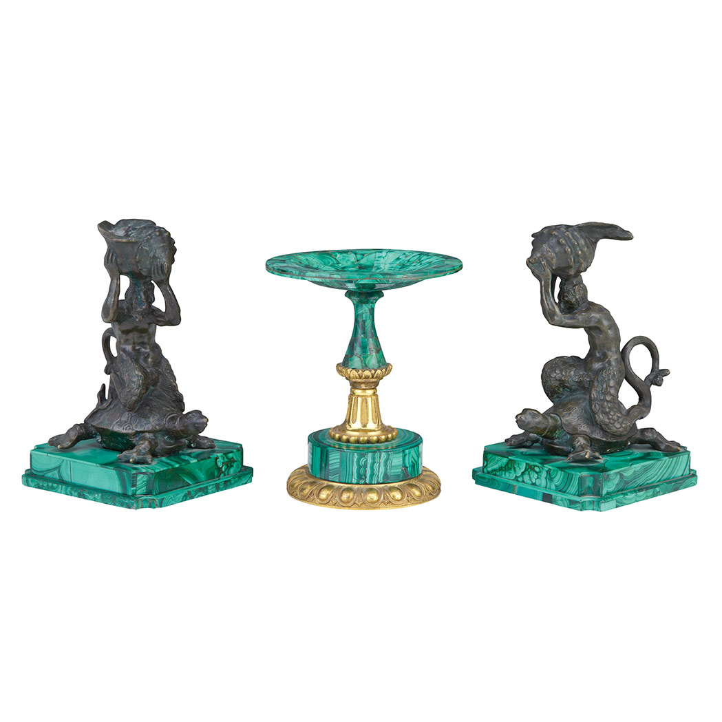 Appraisal: Pair of Patinated-Bronze Mermen on Malachite Bases Each seated figure