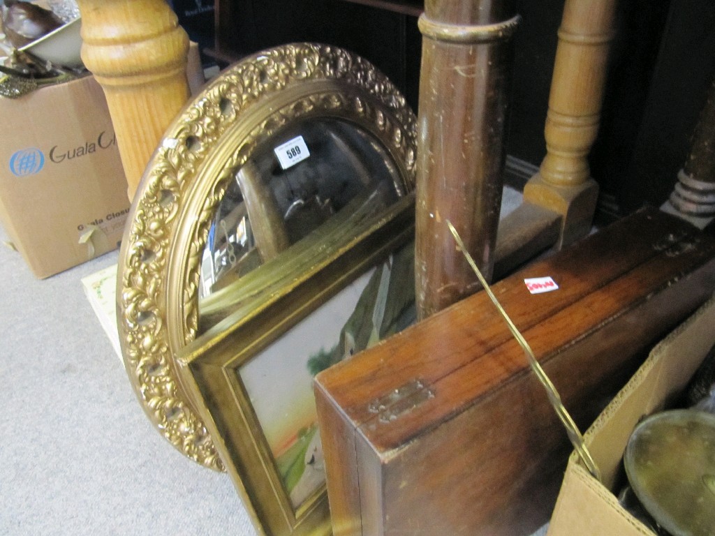 Appraisal: Lot comprising a gilt framed convex mirror a wooden box