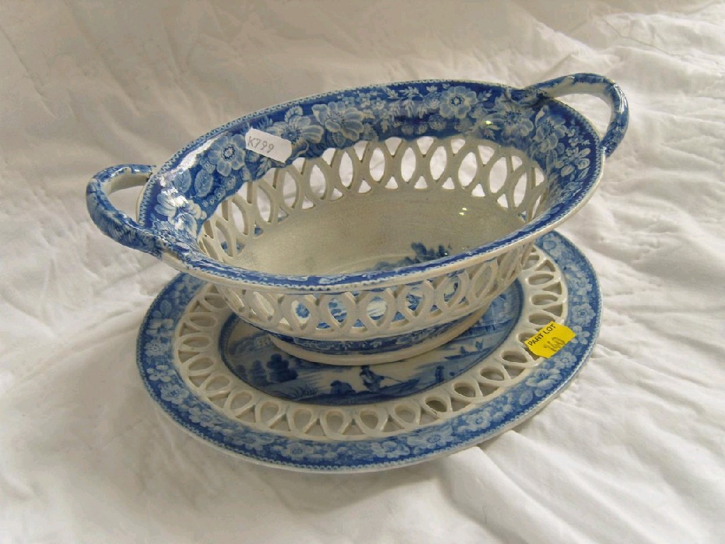 Appraisal: A th century blue and white printed -handled basket of