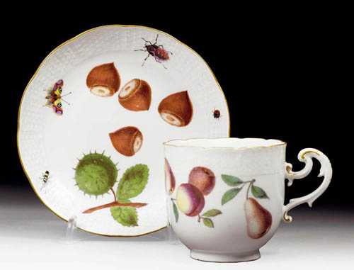 Appraisal: BEAKER AND SAUCER WITH FRUIT DECORAITON Meissen circa With basket