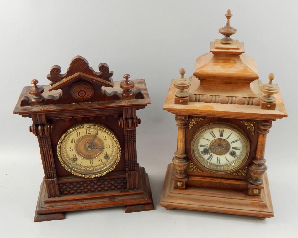 Appraisal: Two similar German walnut mantel clocks each with an enamel