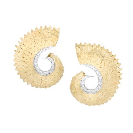 Appraisal: Pair of Gold and Diamond Leaf Earclips Estimate -