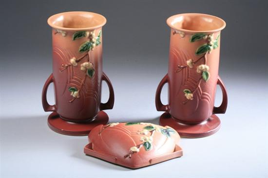 Appraisal: PAIR ROSEVILLE ART POTTERY SNOWBERRY PINK VASES AND A WALL