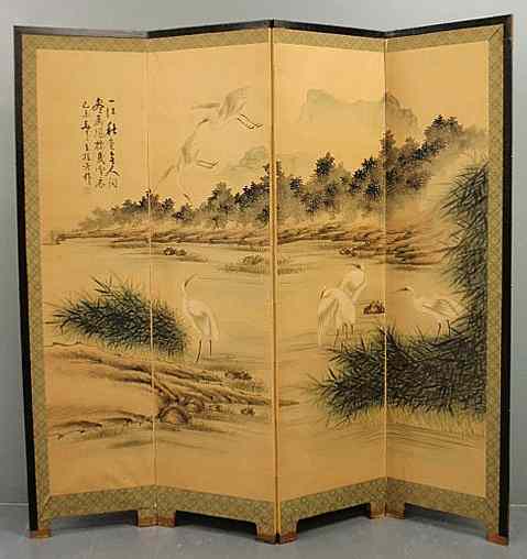 Appraisal: Chinese four-paneled room screen with black painted frame Each panel