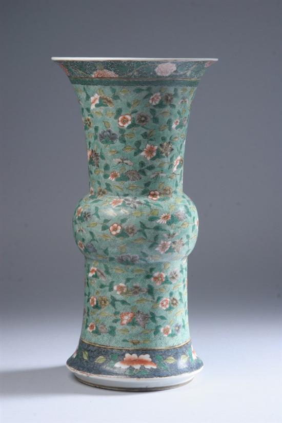 Appraisal: CHINESE FAMILLE VERTE PORCELAIN GU-FORM VASE th century Floral decoration