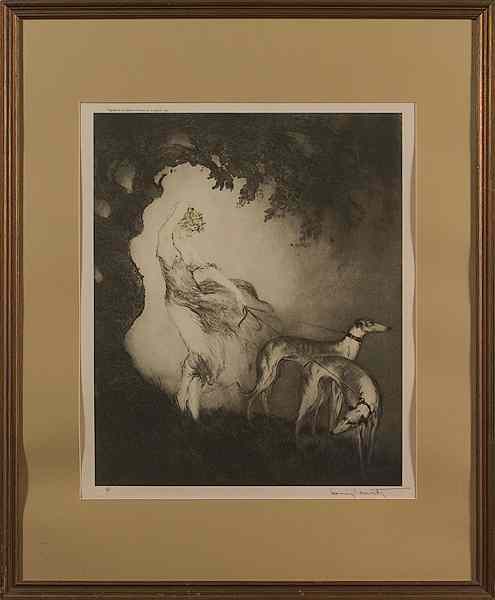 Appraisal: Woman with Dogs by Louis Icart Etching Louis Icart French