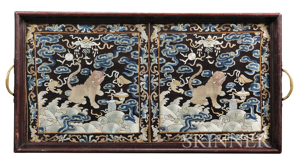 Appraisal: Wood Tray with Embroidery China rectangular with two metal handles