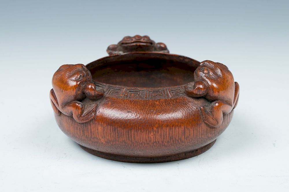 Appraisal: CARVED BAMBOO 'FROG' WATERPOT Of compressed body incised with a