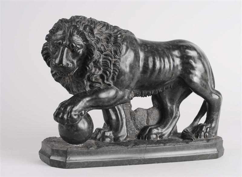 Appraisal: ITALIAN NEOCLASSICAL CARVED MOTTLED GREEN MARBLE LION WITH FOREPAW ON