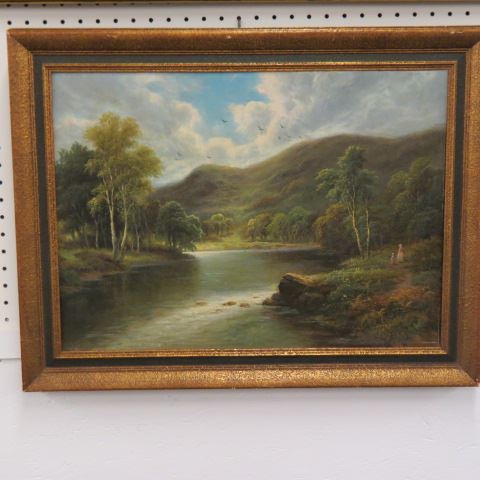 Appraisal: th Century Oil landscape with mother child along the river