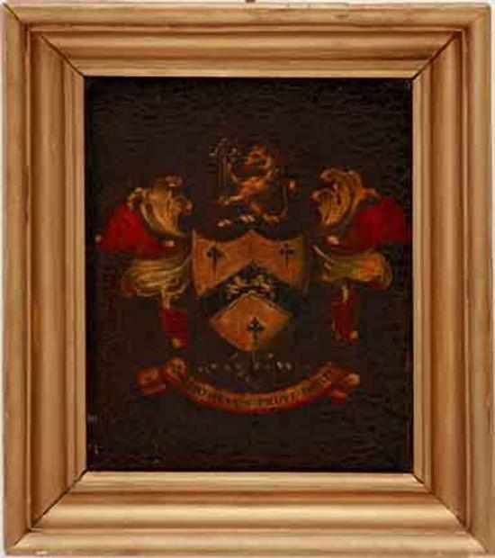 Appraisal: Framed coat-of-arms painted panel late th century shield surmounted by