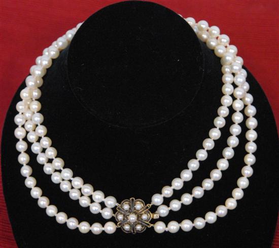 Appraisal: TRIPLE STRAND PEARL NECKLACE strands fitted with a k gold